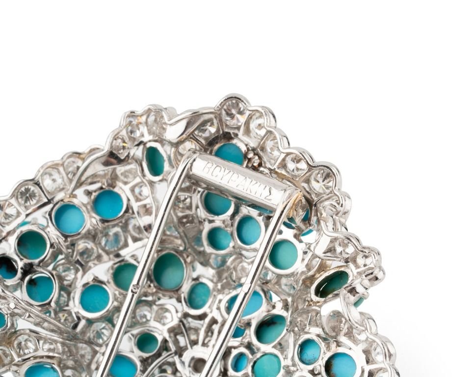 Broche VOURAKIS en or gris, boules de turquoises et diamants - Castafiore