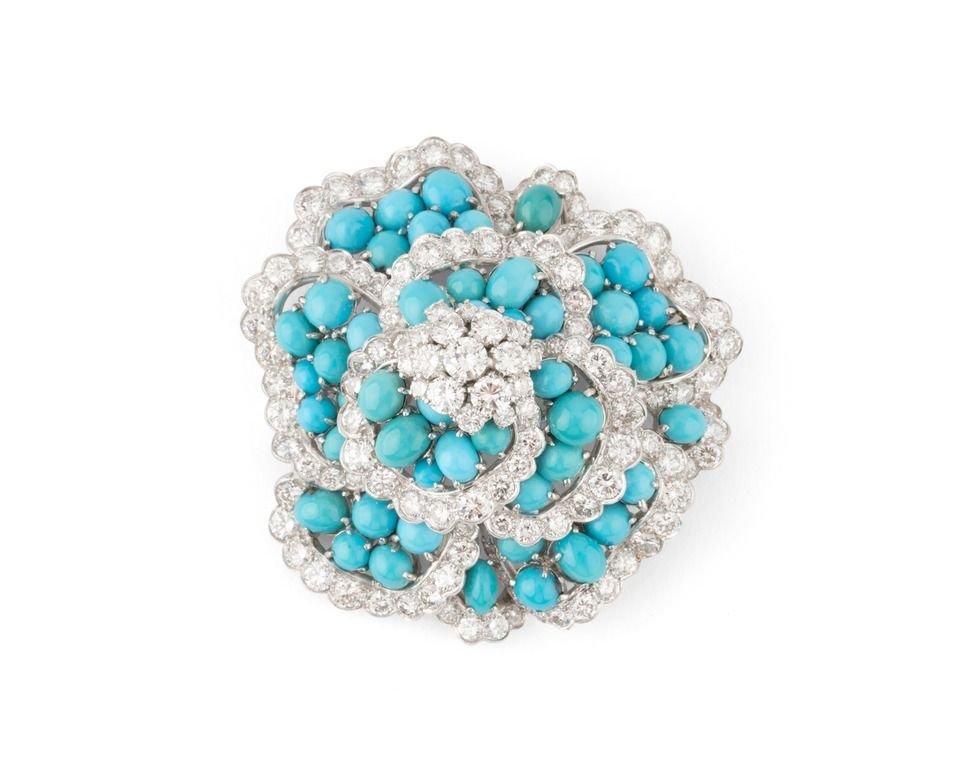 Broche VOURAKIS en or gris, boules de turquoises et diamants - Castafiore