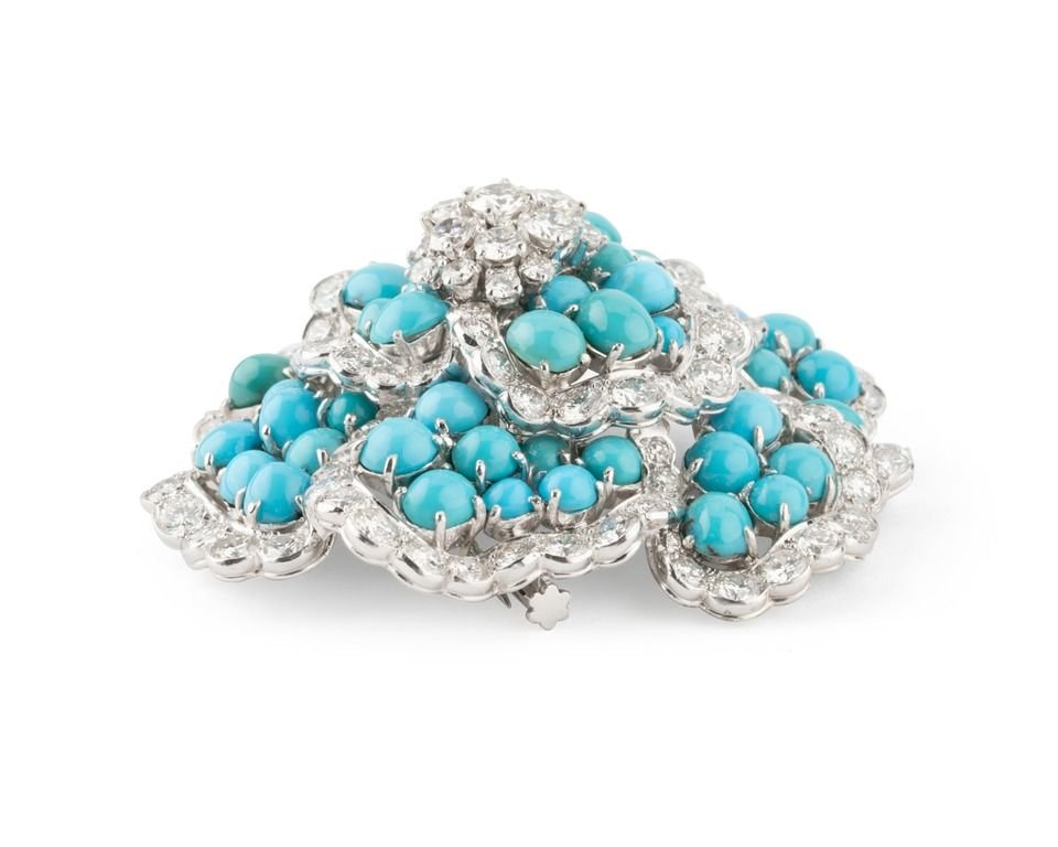 Broche VOURAKIS en or gris, boules de turquoises et diamants - Castafiore