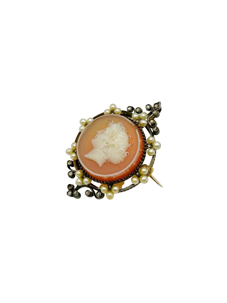 Broche/Pendentif Camée en agate, perles, diamants et or jaune - Castafiore