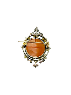 Broche/Pendentif Camée en agate, perles, diamants et or jaune - Castafiore