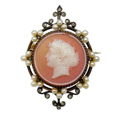 Broche/Pendentif Camée en agate, perles, diamants et or jaune - Castafiore