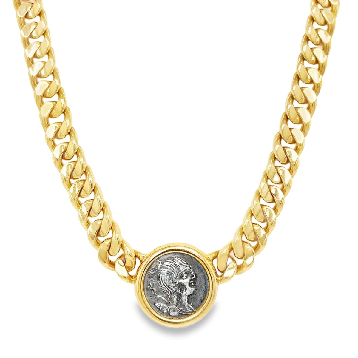 Bulgari 18K Gold “Monete” Necklace with Ancient Roman Silver Coin – Signed, Circa 1980 - Castafiore