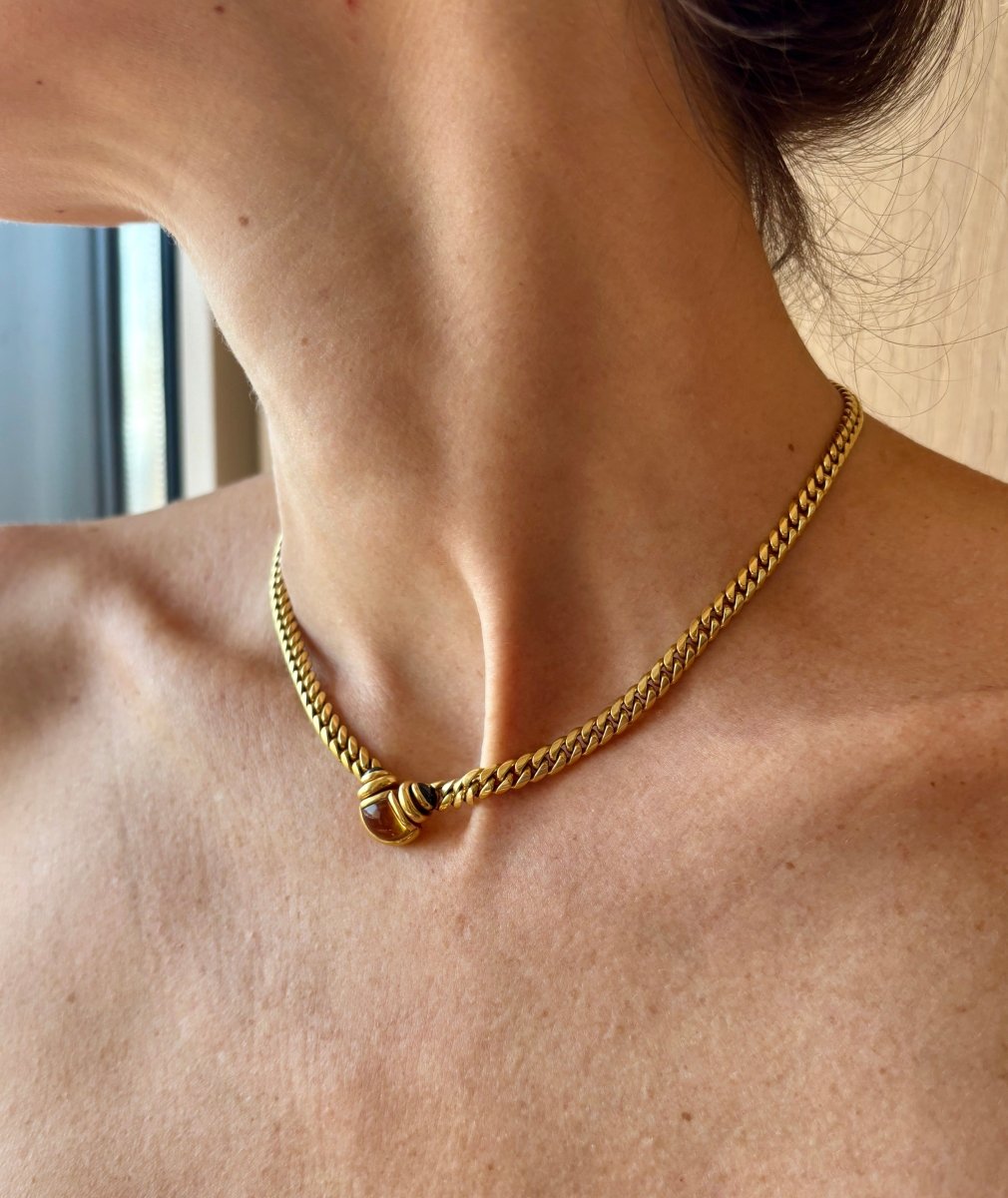 Bulgari 1980s Citrine and Sapphire Curb Link Necklace - Castafiore