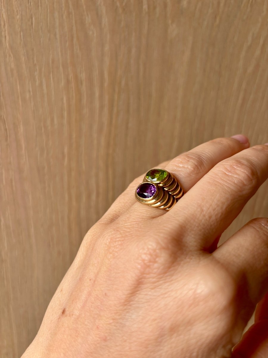 Bulgari Doppio Baccellato Peridot & Amethyst Gold Ring - Castafiore