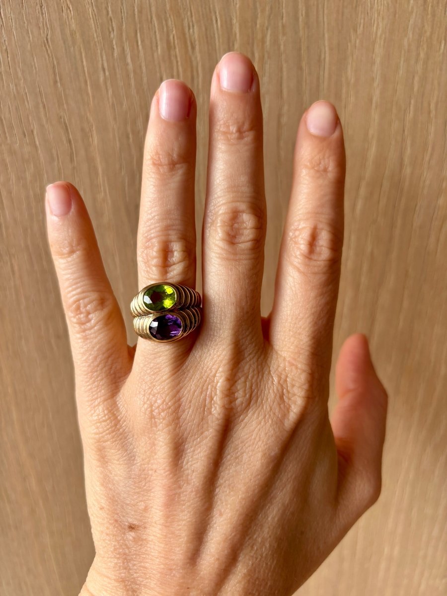 Bulgari Doppio Baccellato Peridot & Amethyst Gold Ring - Castafiore