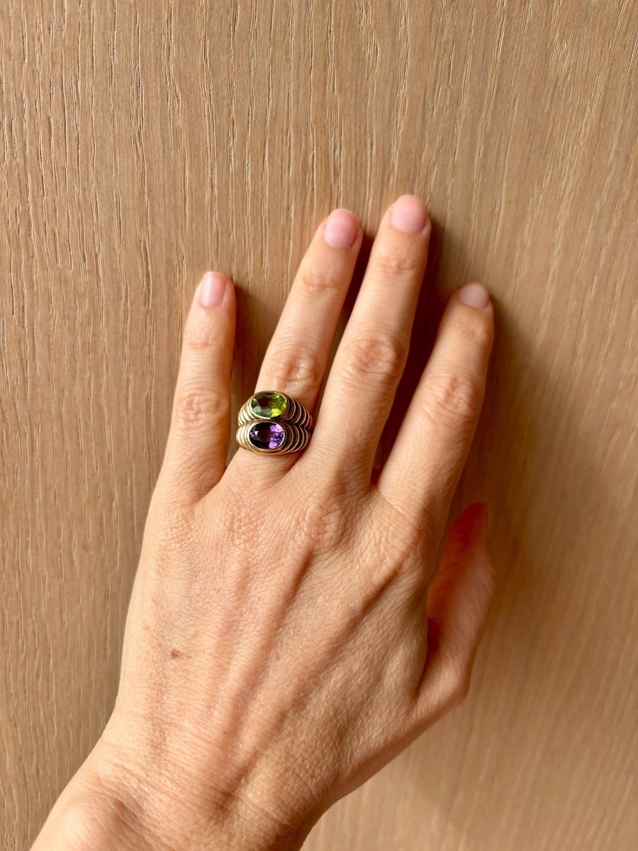 Bulgari Doppio Baccellato Peridot & Amethyst Gold Ring - Castafiore