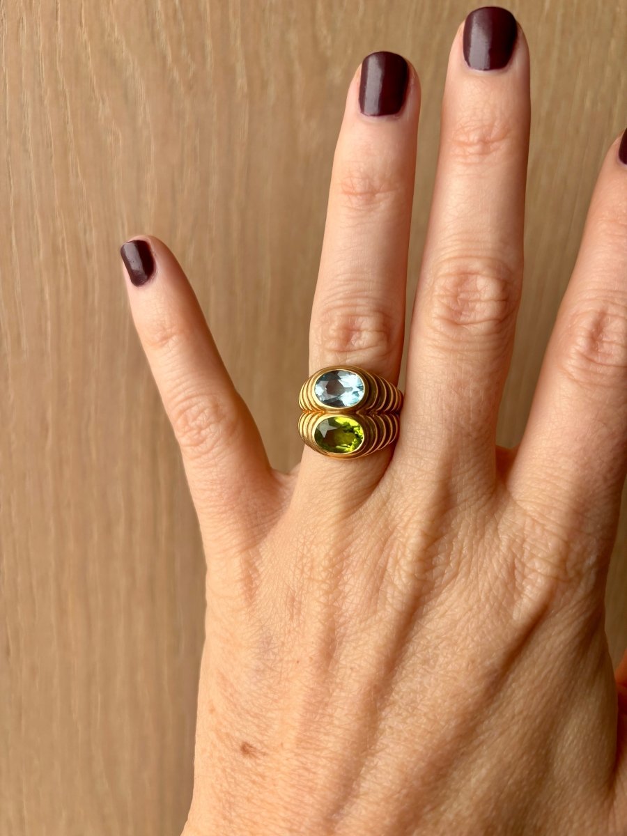 Bulgari Doppio Baccellato Ring in 18k Yellow Gold with Blue Topaz & Peridot, Circa 1980 - Castafiore