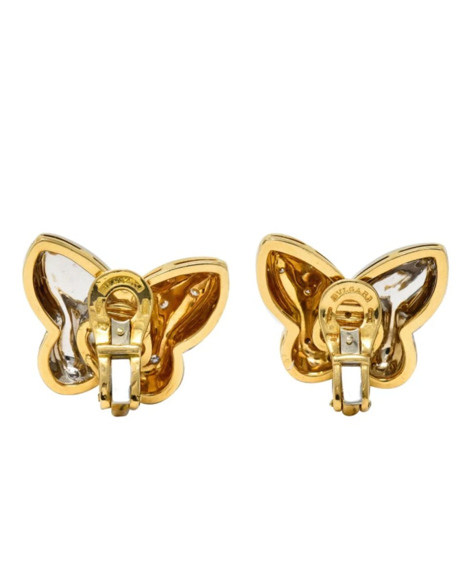 Bulgari Farfalle Diamond White and Yellow Gold Butterfly Clip - On Earrings - Castafiore