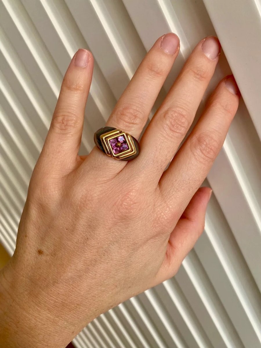 Bulgari Hematite & Tourmaline Gold Ring - Castafiore