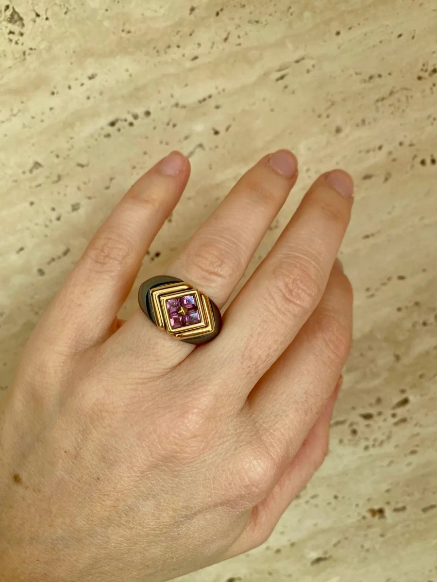 Bulgari Hematite & Tourmaline Gold Ring - Castafiore