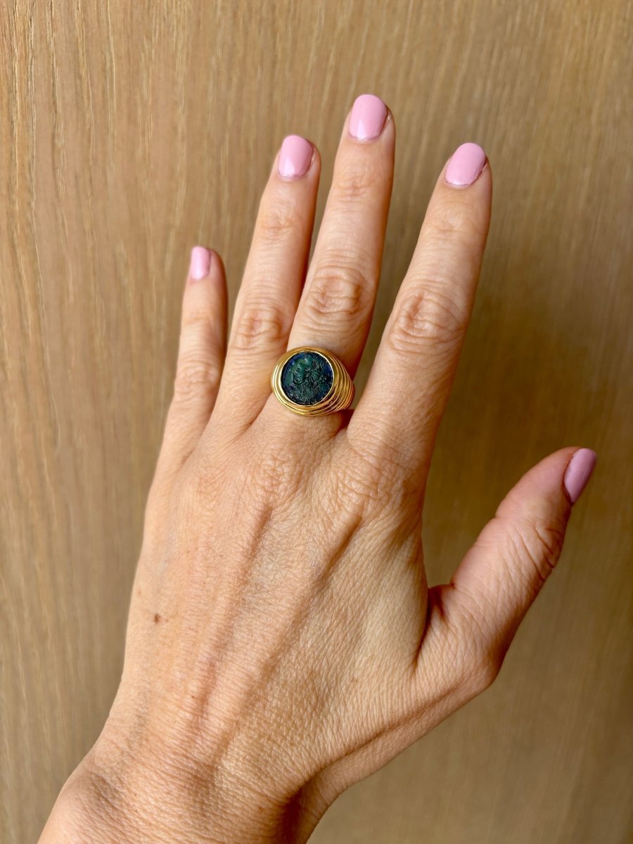 Bulgari "Monete" Ancient Emperor Contstans Copper Coin Gold Ring - Castafiore