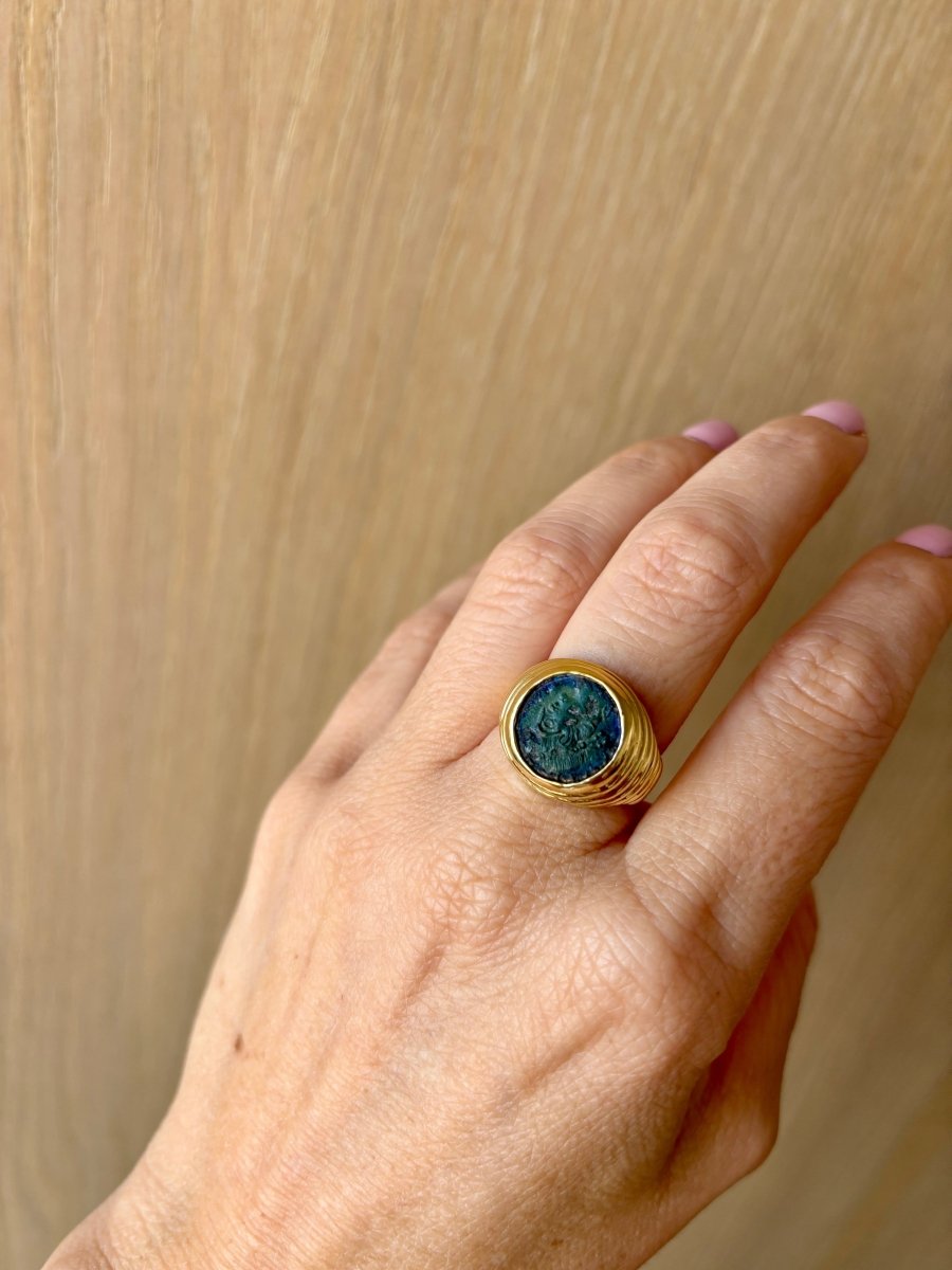 Bulgari "Monete" Ancient Emperor Contstans Copper Coin Gold Ring - Castafiore