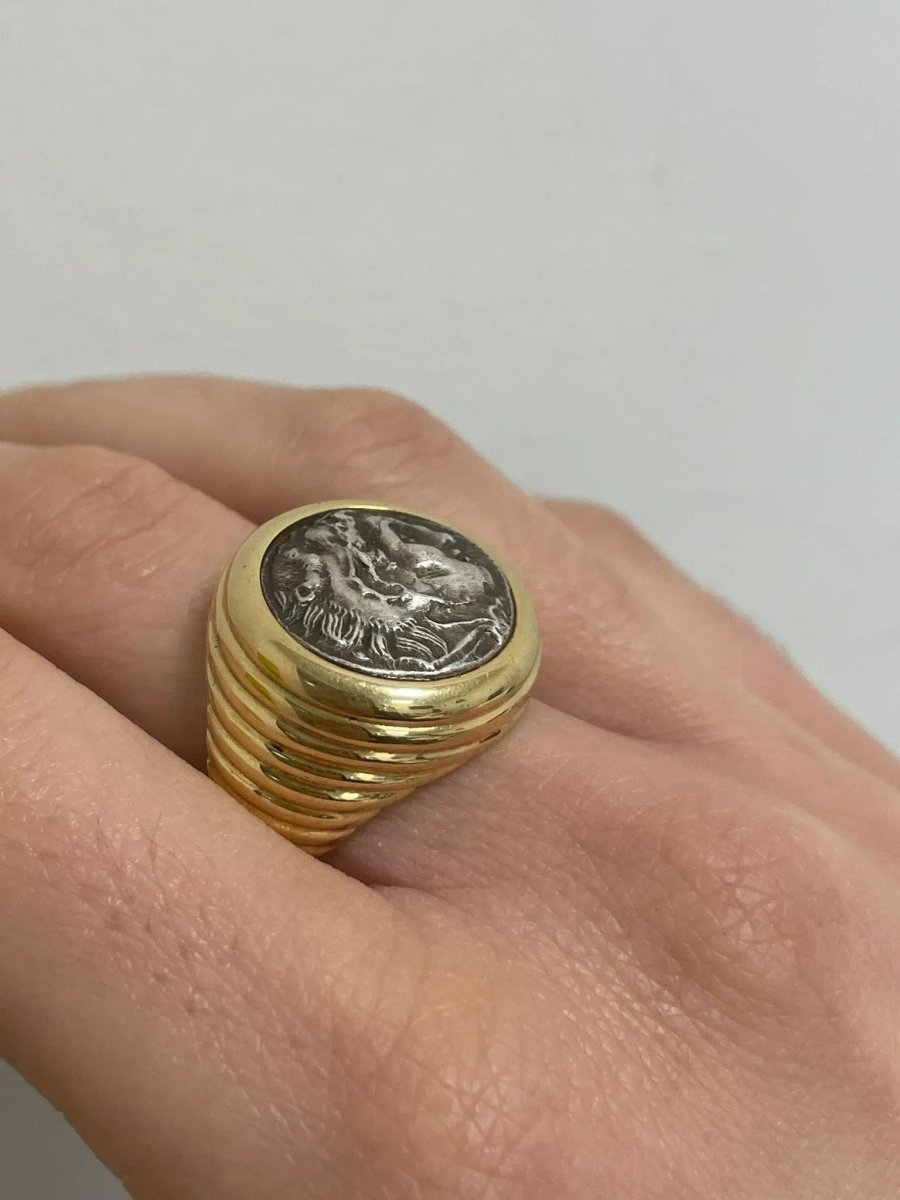 Bulgari Monete Ancient Silver Alessandro Magno Coin Gold Bold Ring - Castafiore