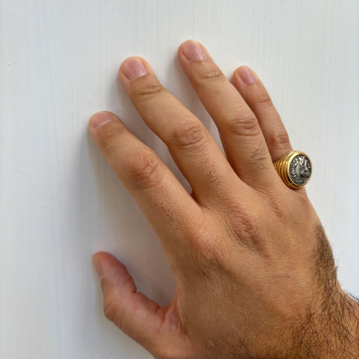 Bulgari Monete Ancient Silver Alessandro Magno Coin Gold Bold Ring - Castafiore