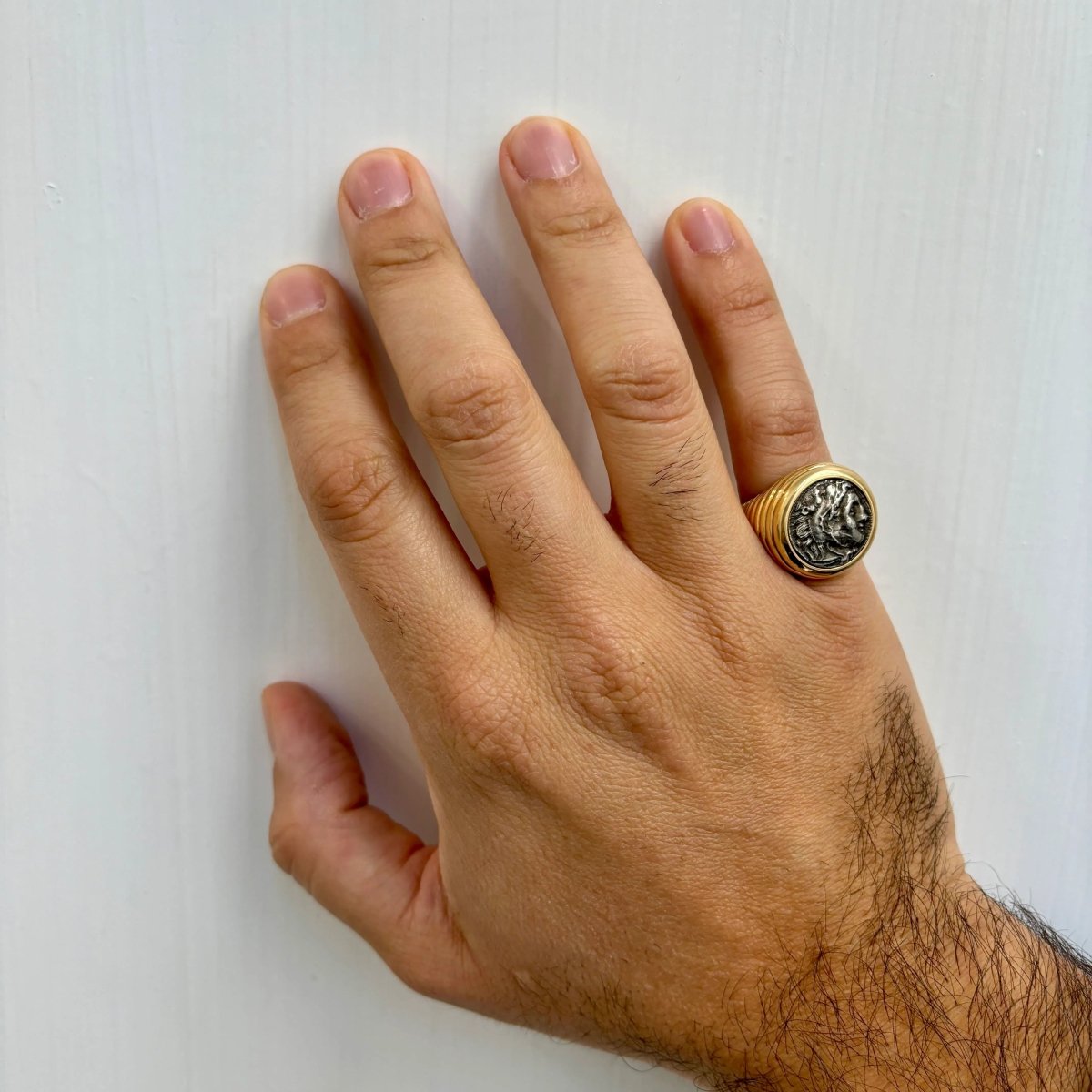Bulgari Monete Ancient Silver Alessandro Magno Coin Gold Bold Ring - Castafiore