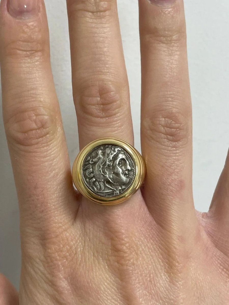 Bulgari Monete Ancient Silver Alessandro Magno Coin Gold Bold Ring - Castafiore