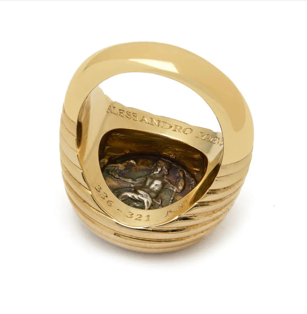 Bulgari Monete Ancient Silver Alessandro Magno Coin Gold Bold Ring - Castafiore