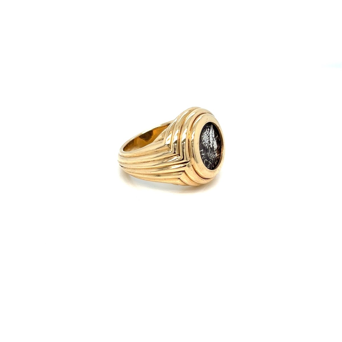 Bulgari Monete Ancient Silver M. Porcius Cato, Quinario, Roma, 89 a.C. Gold Ring - Castafiore