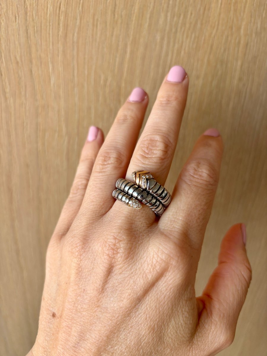 Bulgari Serpenti Tubogas Ring in Steel, Rose Gold and Diamonds - Castafiore