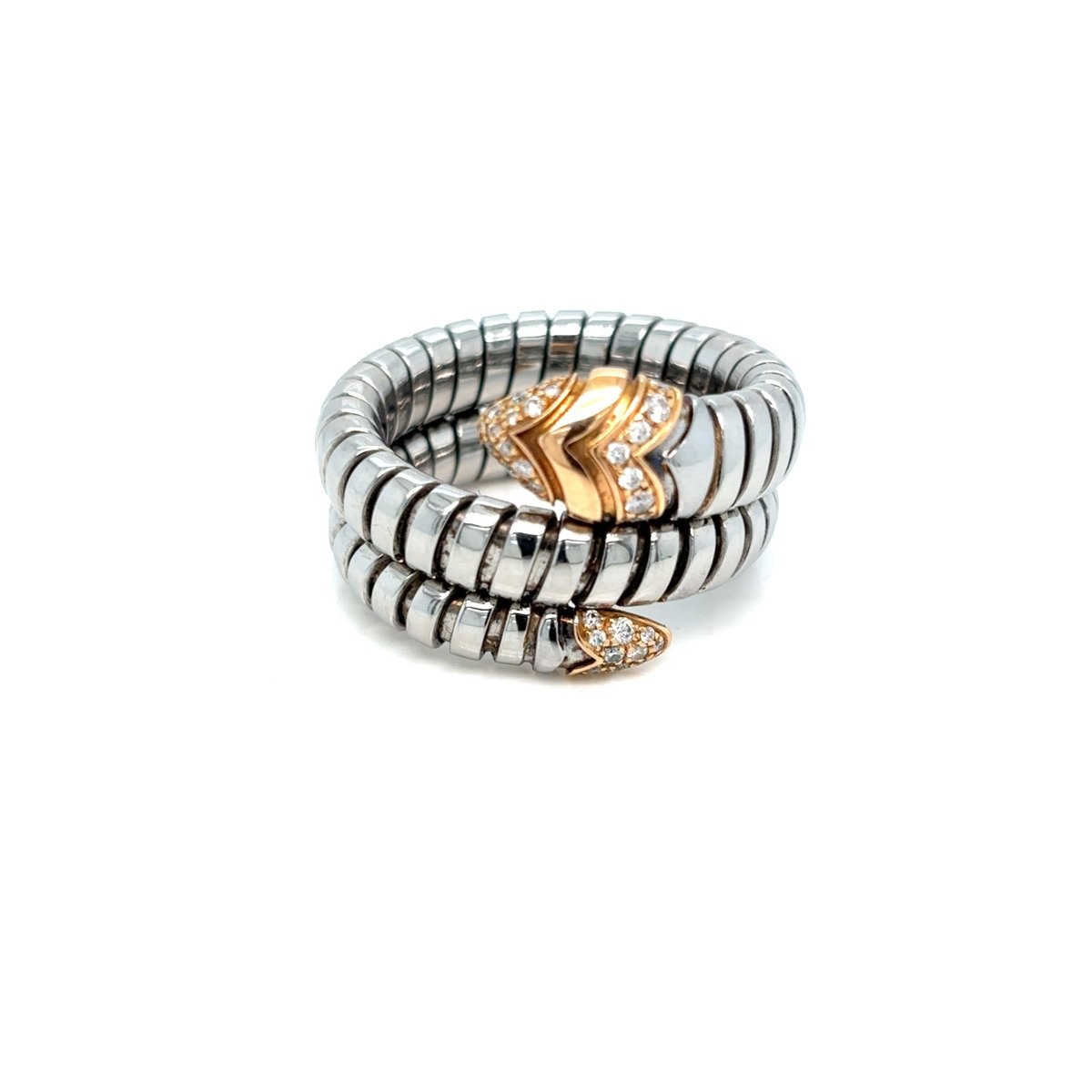 Bulgari Serpenti Tubogas Ring in Steel, Rose Gold and Diamonds - Castafiore
