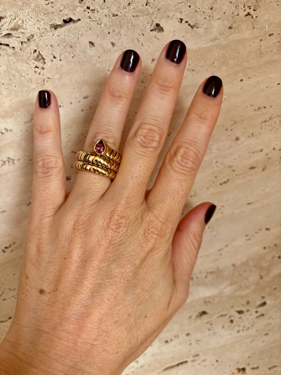 Bulgari Tubogas Serpenti Tourmaline 18k Yellow Gold 3 - Row Ring - Castafiore