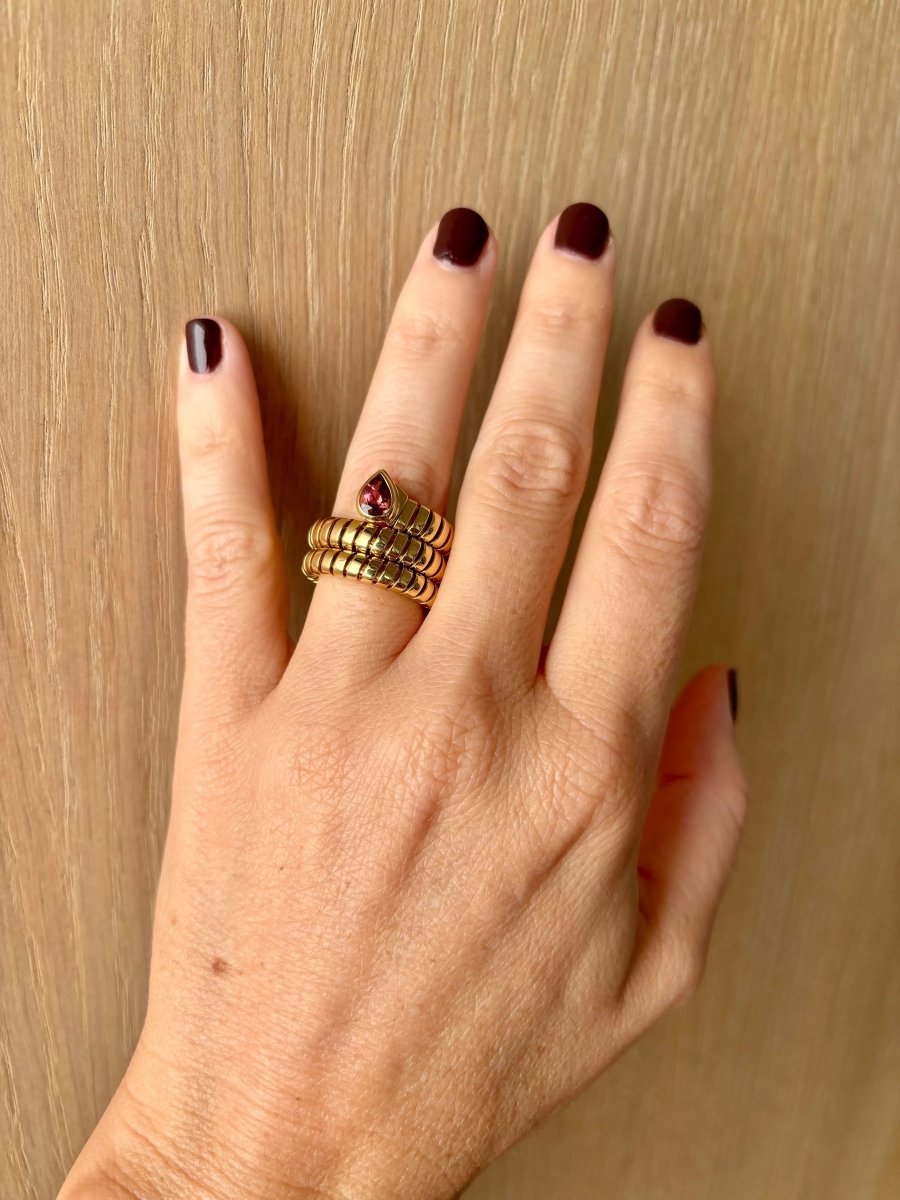 Bulgari Tubogas Serpenti Tourmaline 18k Yellow Gold 3 - Row Ring - Castafiore