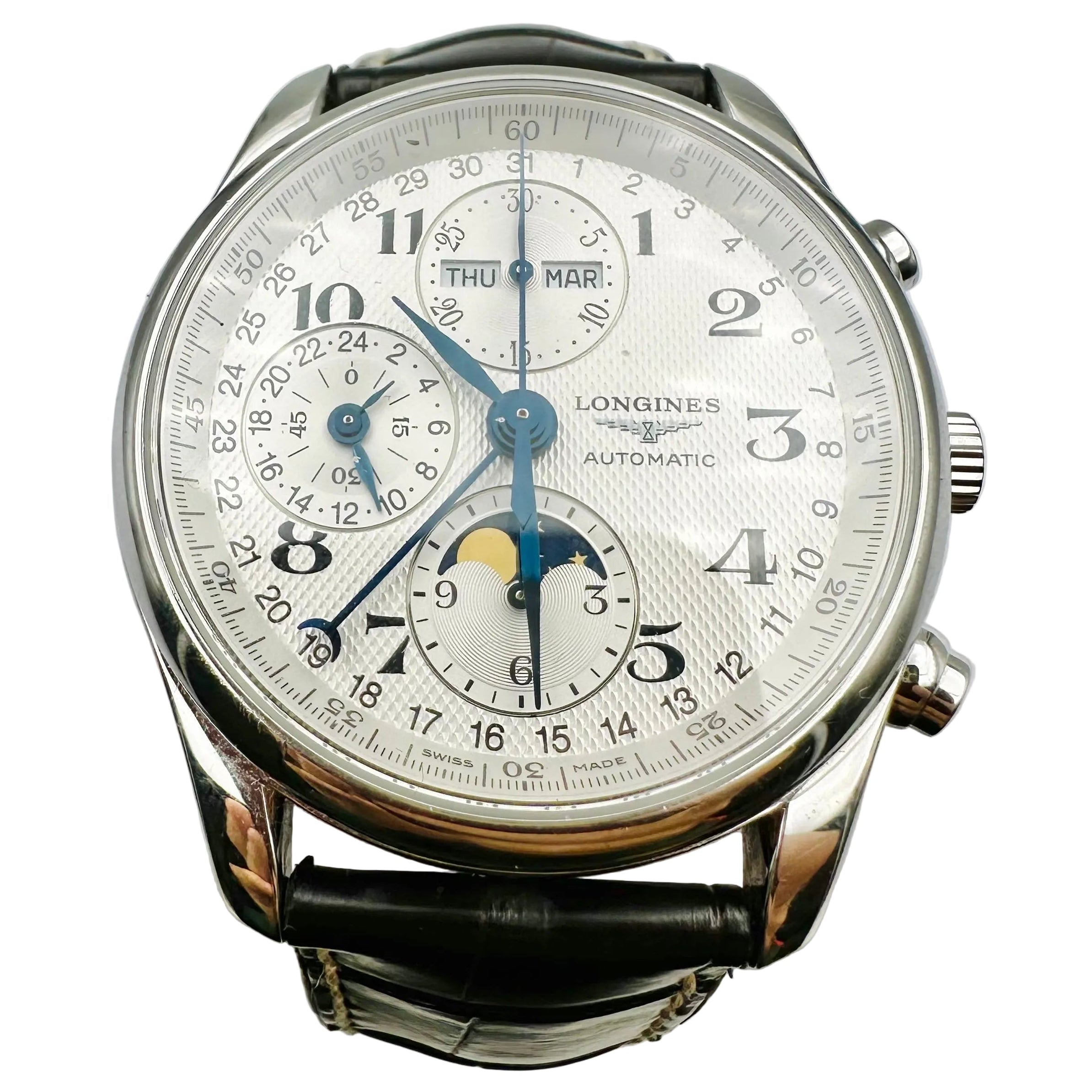 Montre LONGINES "Chrono Moonphase Master Collection" en acier et cuir