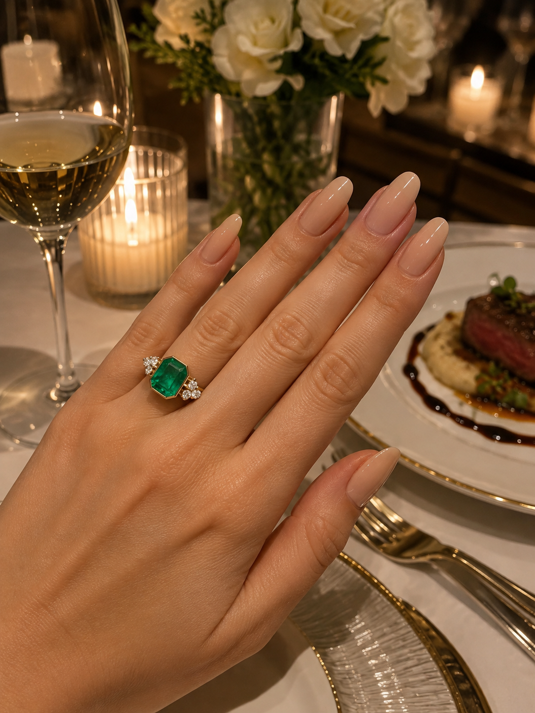 Bague Trilogie en or jaune, émeraude et diamants