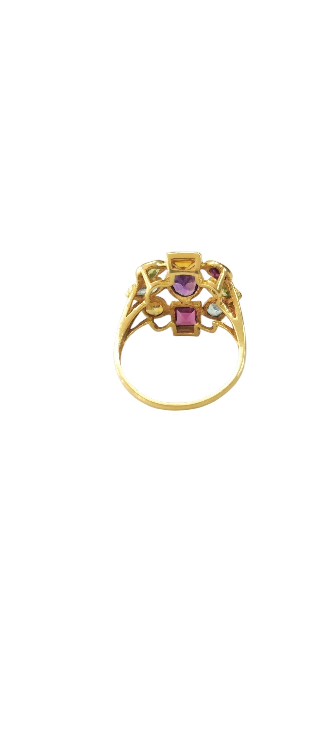 Bague Cocktail en or jaune, améthyste, péridots, aigues-marines, citrines et rhodolites