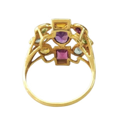 Bague Cocktail en or jaune, améthyste, péridots, aigues-marines, citrines et rhodolites