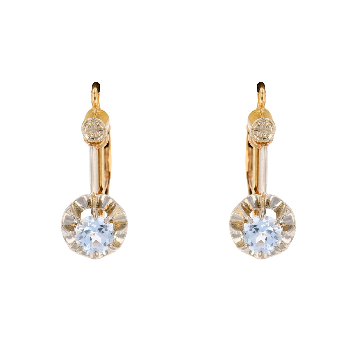 Boucles d'oreilles Dormeuses en or jaune, platine et aigues-marines