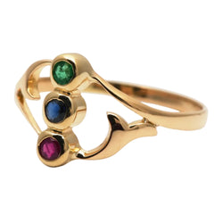 Bague Trilogie en or jaune, émeraude, saphir et rubis