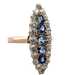 Bague Marquise en or jaune, saphirs et diamants
