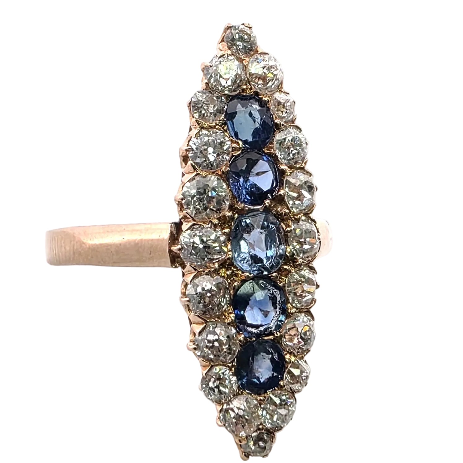 Bague Marquise en or jaune, saphirs et diamants