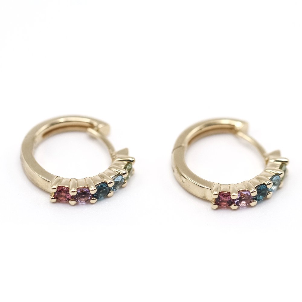 Boucles d'oreilles Créoles CRIOLLA en or jaune, péridots, améthystes, rhododendrons et topazes