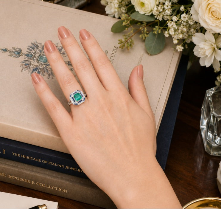 Bague Entourage en or blanc, émeraude, saphir et diamants