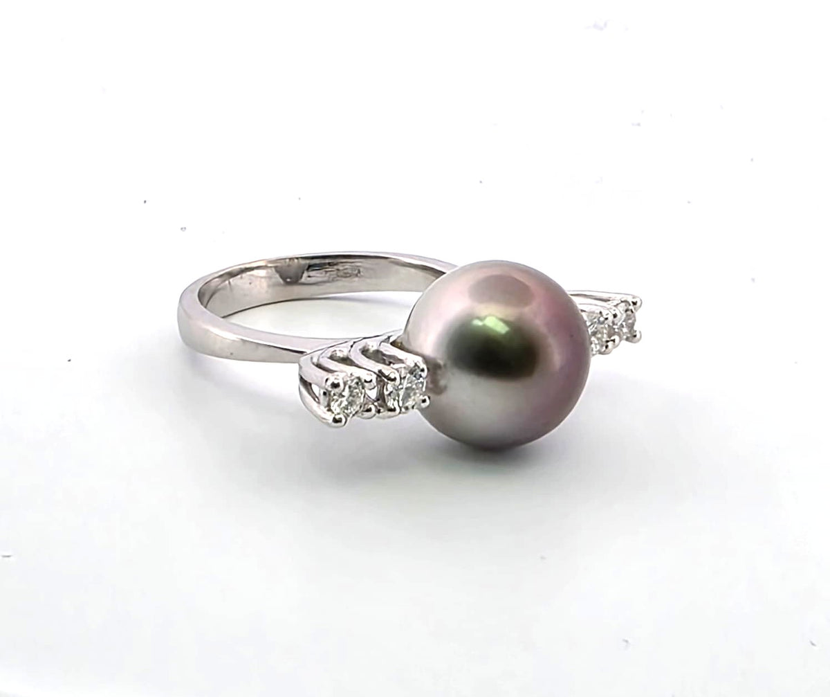 Bague Solitaire en or blanc, perle et diamants