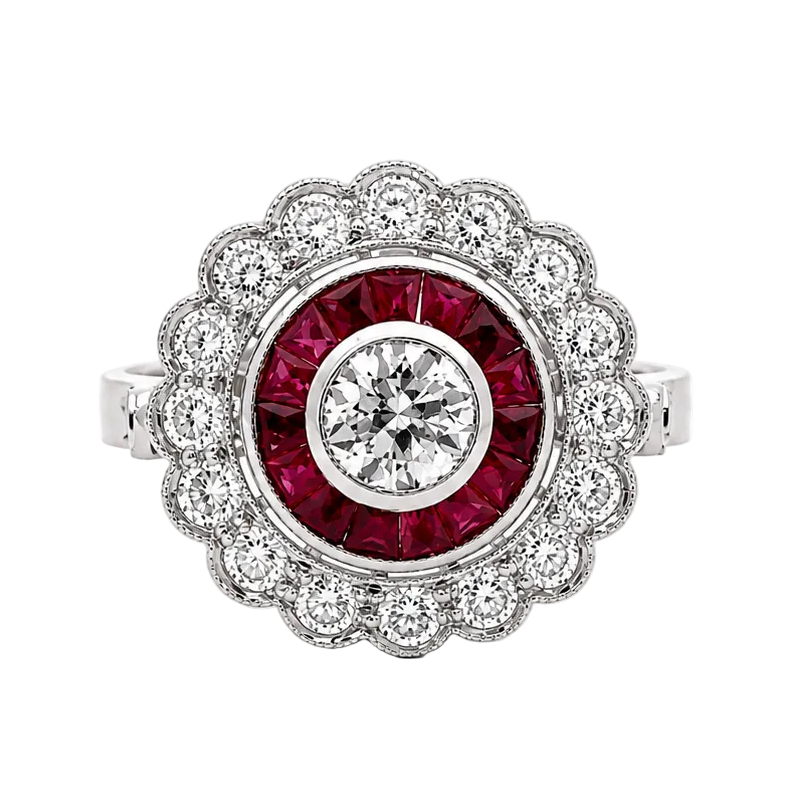 Bague Entourage en platine, rubis et diamants