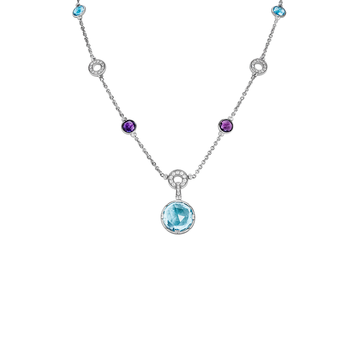 Collier BULGARI "Parentesi Cocktail" en or blanc, topazes bleues, améthystes et diamants