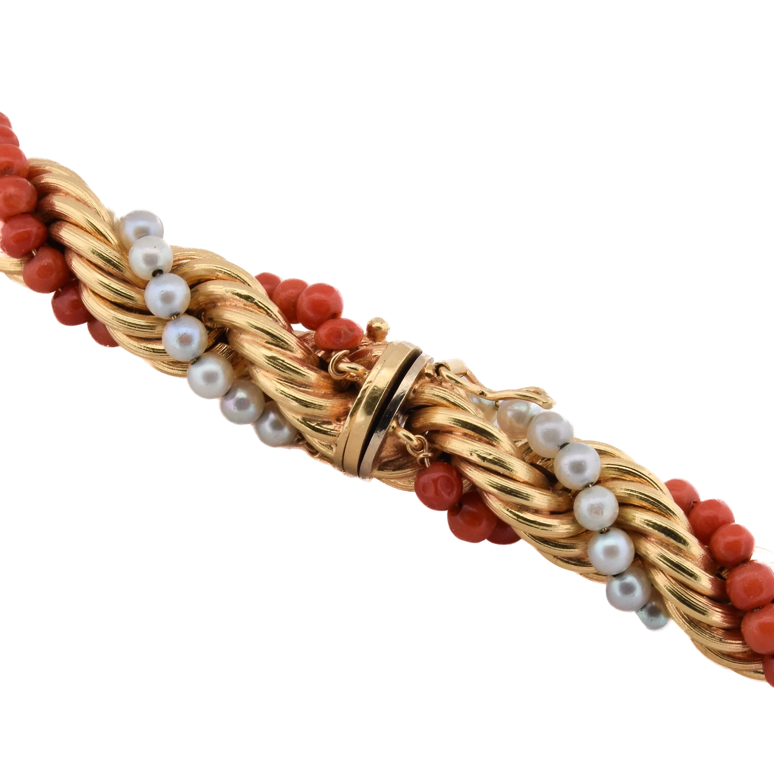 Parure en or jaune, corail et perles