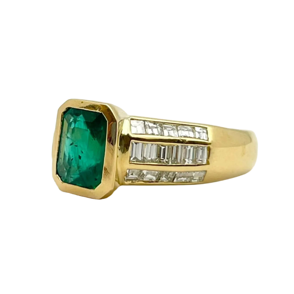 Bague Solitaire en or jaune, émeraude et diamants