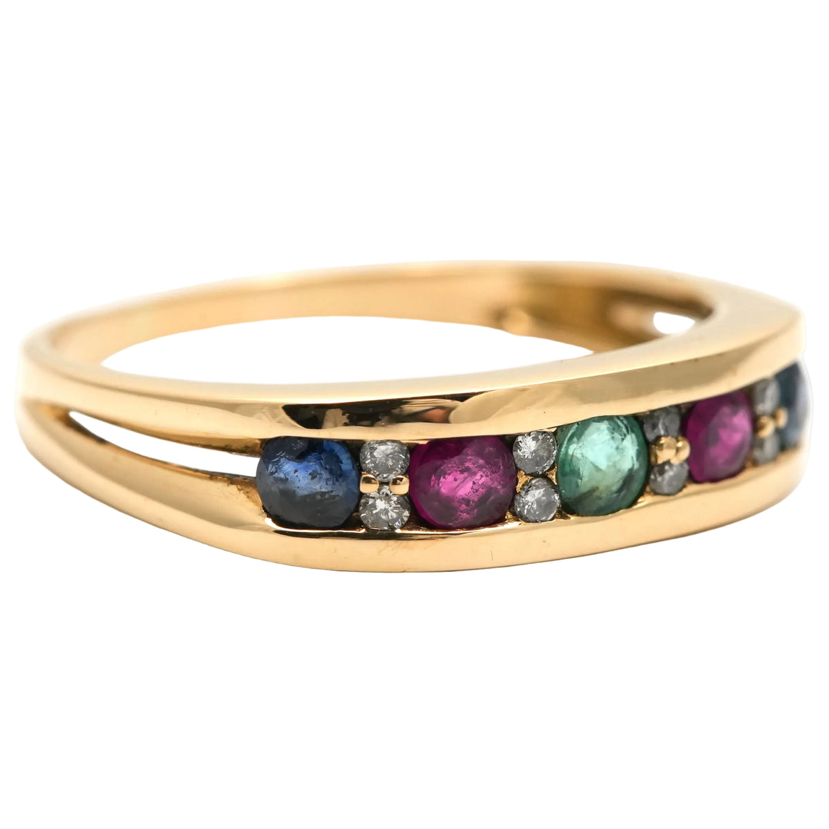 Bague en or jaune, émeraude, rubis, saphirs et diamants