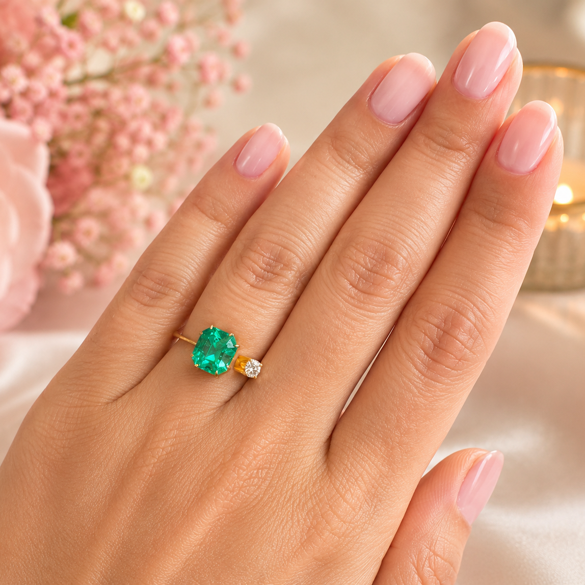 Bague Solitaire en or jaune, émeraude et diamants