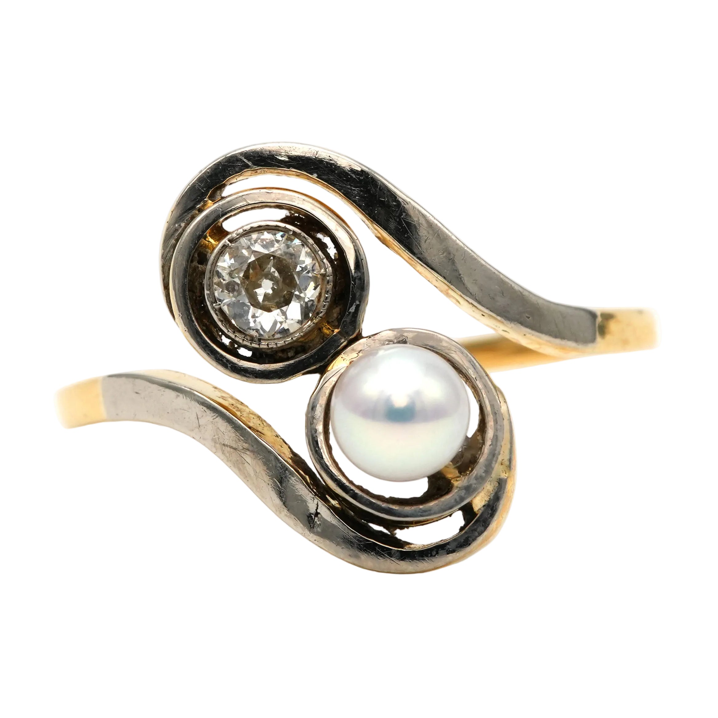 Bague Toi & Moi en or blanc, or jaune, perle et diamants