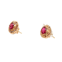 Boucles d'oreilles Puces en or jaune, perles et rubis