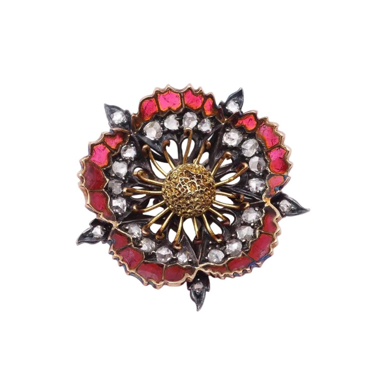 broche Épingle en or jaune, argent, émail et diamants.