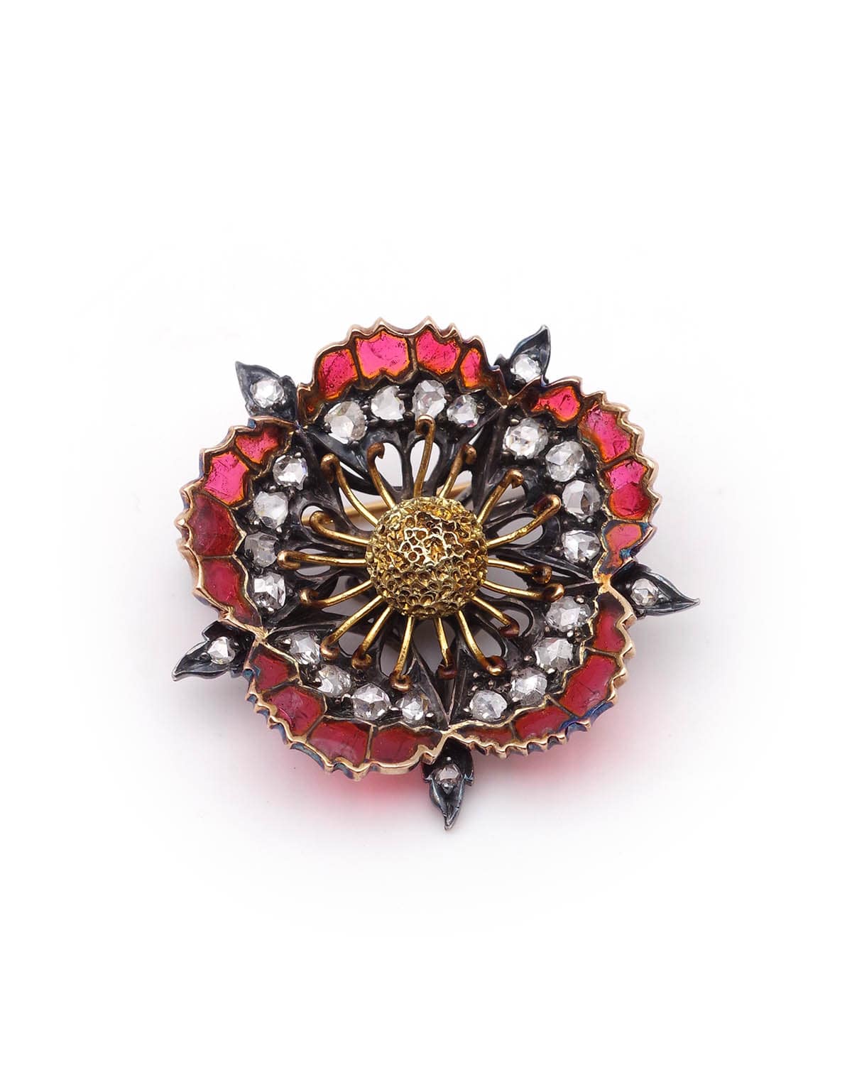 broche Épingle en or jaune, argent, émail et diamants.