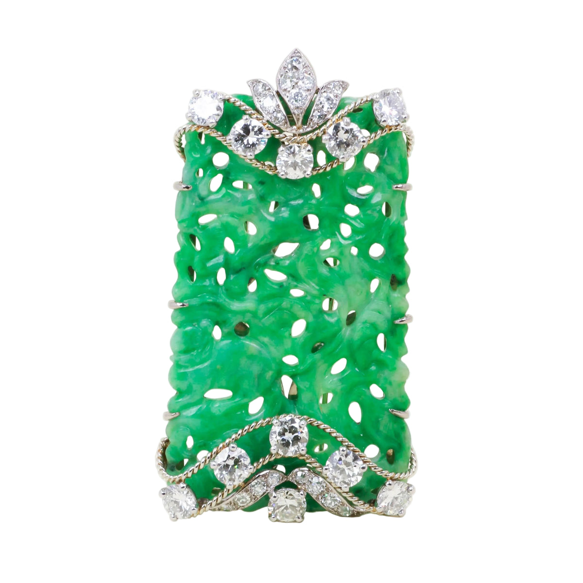 Broche Clip CARTIER en or blanc, platine, jade et diamants