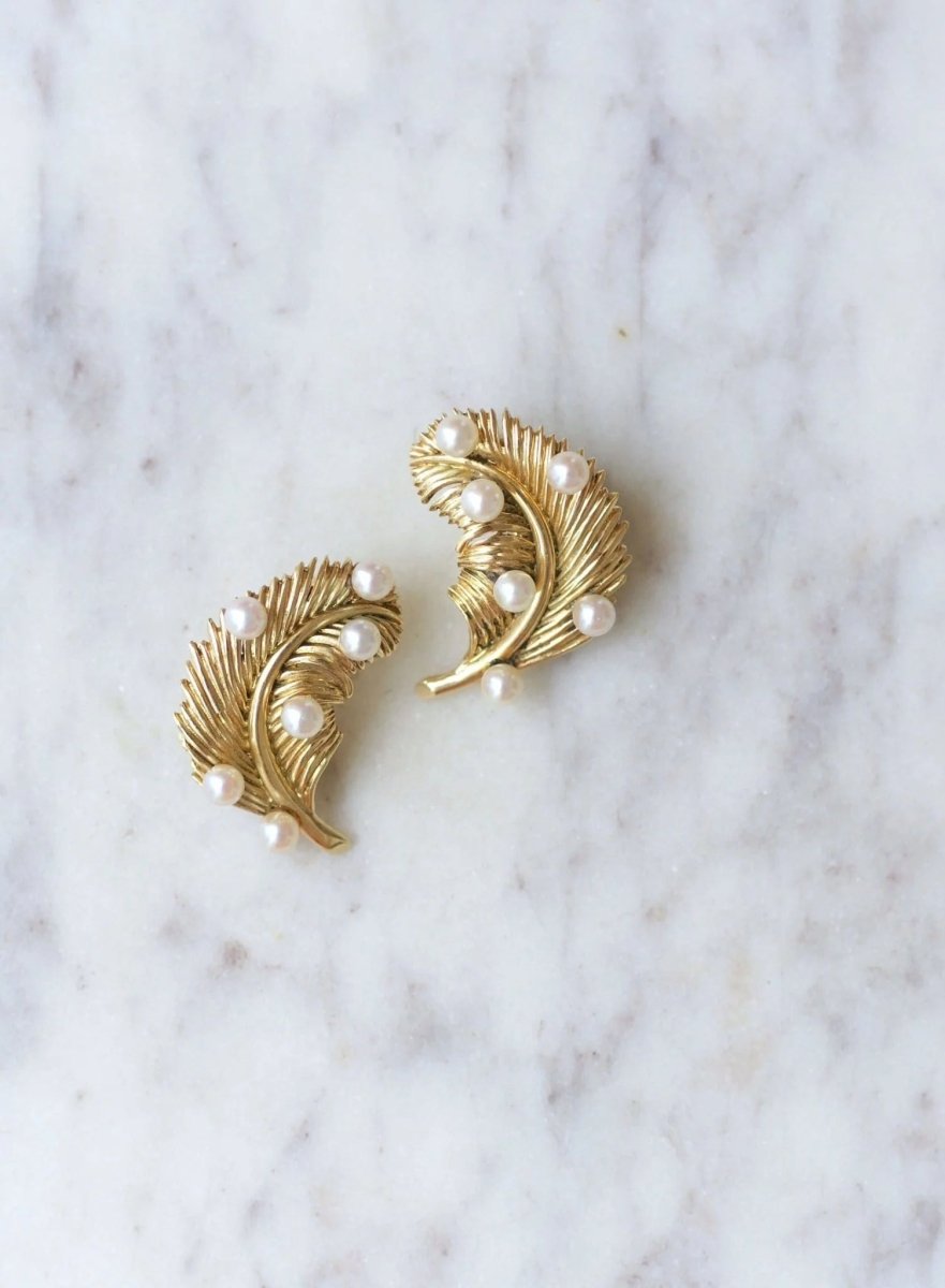 Clips d'oreille plume or jaune et perles - Castafiore